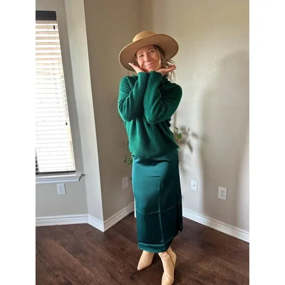 Women's Green Satin Elastic Silk Slip A Line Flowy Ruffle Cocktail Midi Skirt
